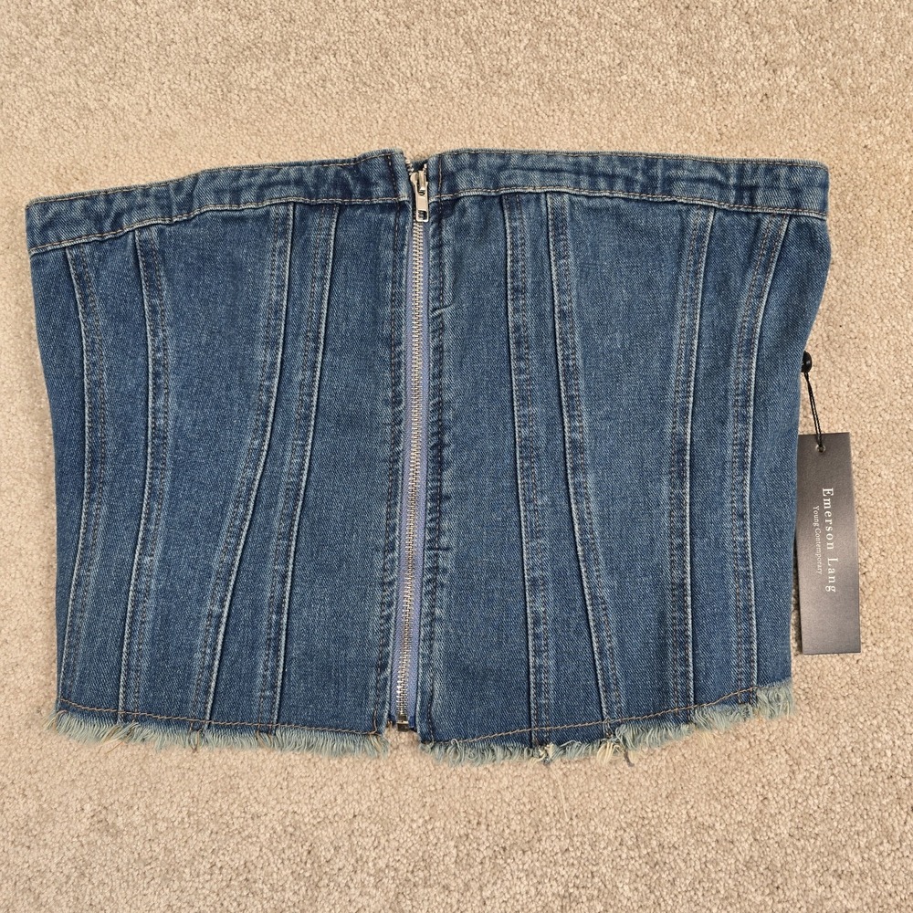 Emerson Lang Women's Blue Jean Denium Corset Top with Zipper Detail Size L New